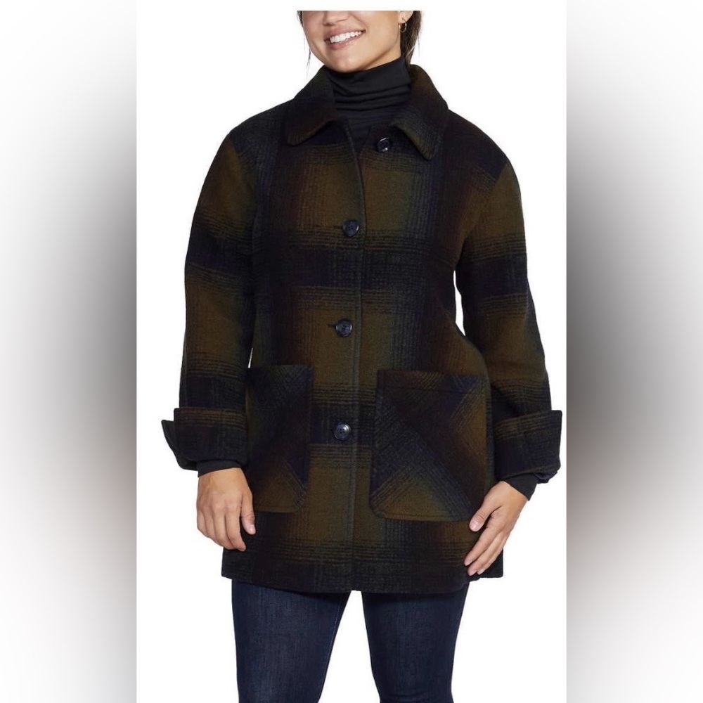 Pendleton Exploding Rainbow Wool Blend Olive & Black Plaid Pea Coat